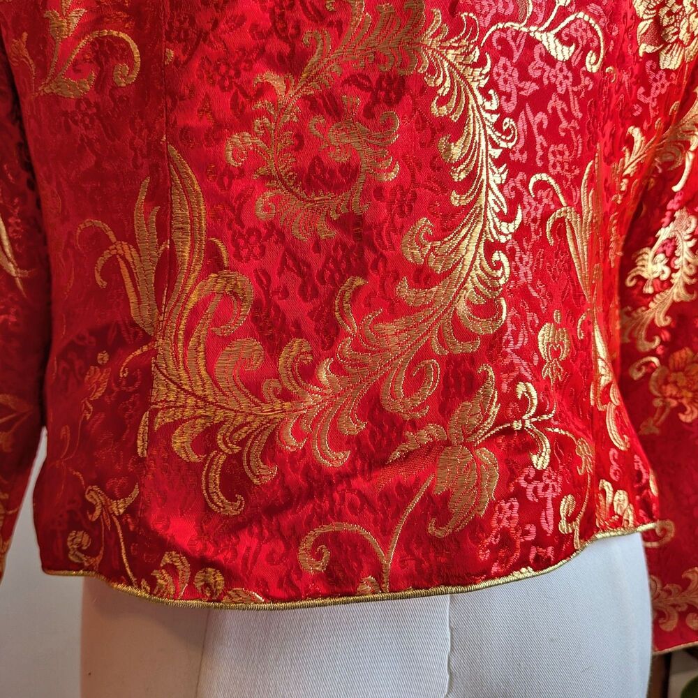 Huamei Red Brocade Jacket Traditional Chinese Gold Frog Closure Size 15 - Picture 12 of 15